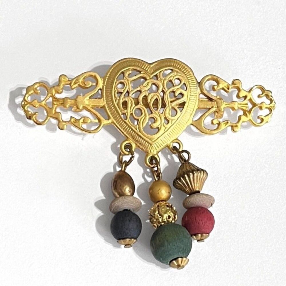 Filigree Heart Brooch Pin Victorian Style Gold Tone Dangle Beads Feminine Art